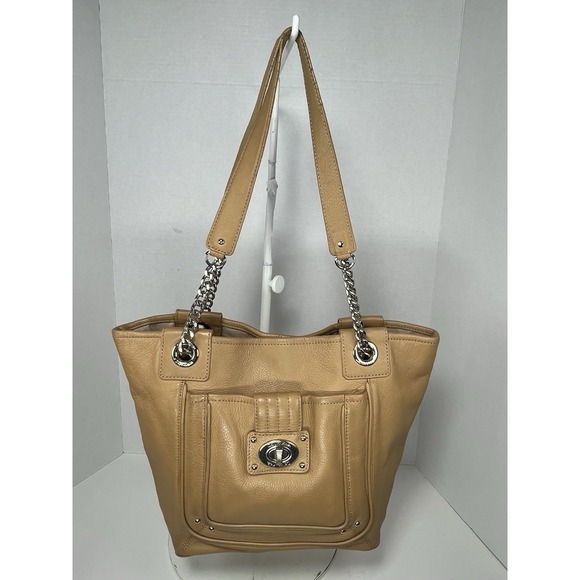 Calvin Klein Handbags - Calvin Klein Womens Leather Tote Purse Tan TurnLock Pocket Minimalist Half Chain